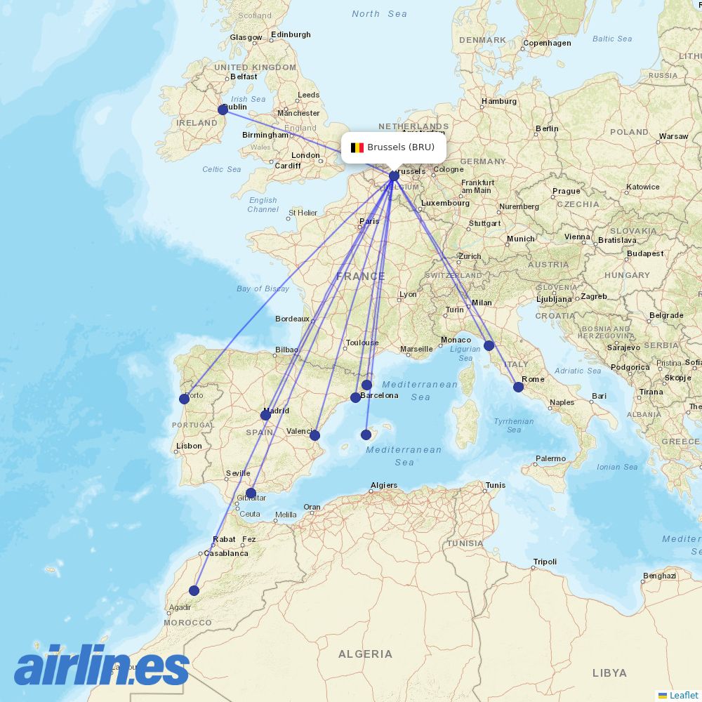 Ryanair from Brussels Airport destination map