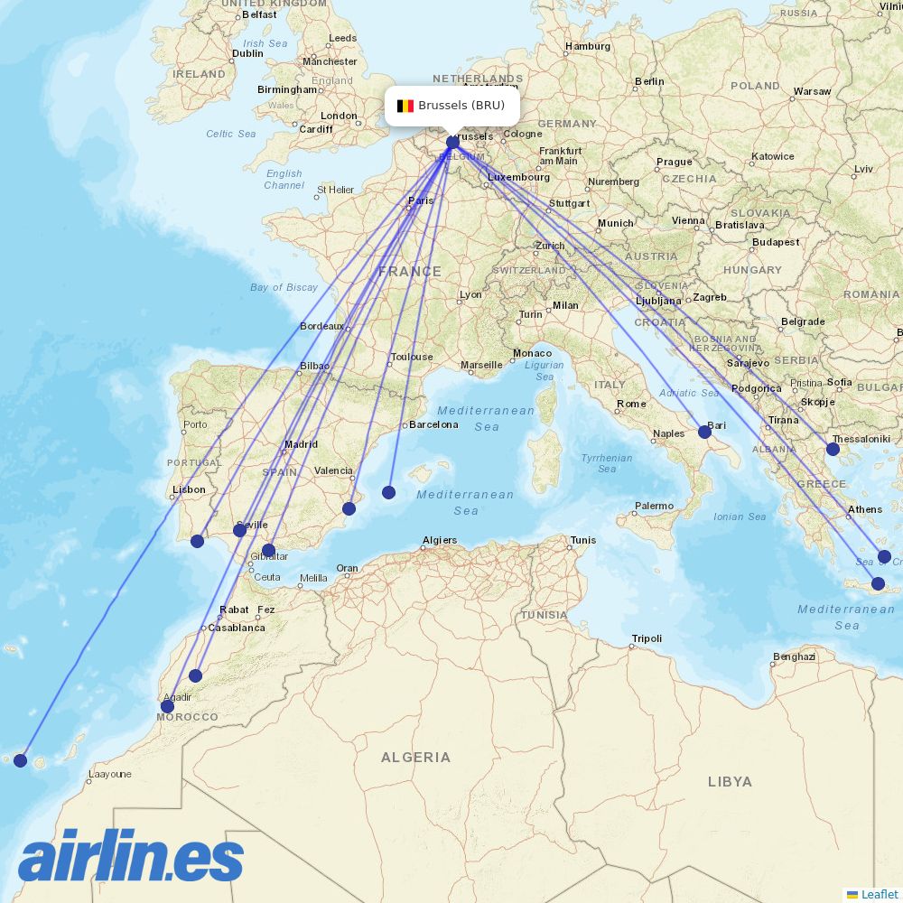 Transavia from Brussels Airport destination map