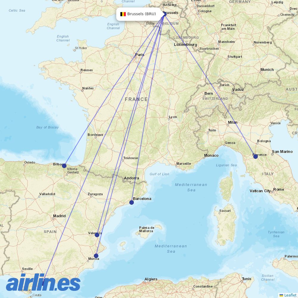 Vueling from Brussels Airport destination map