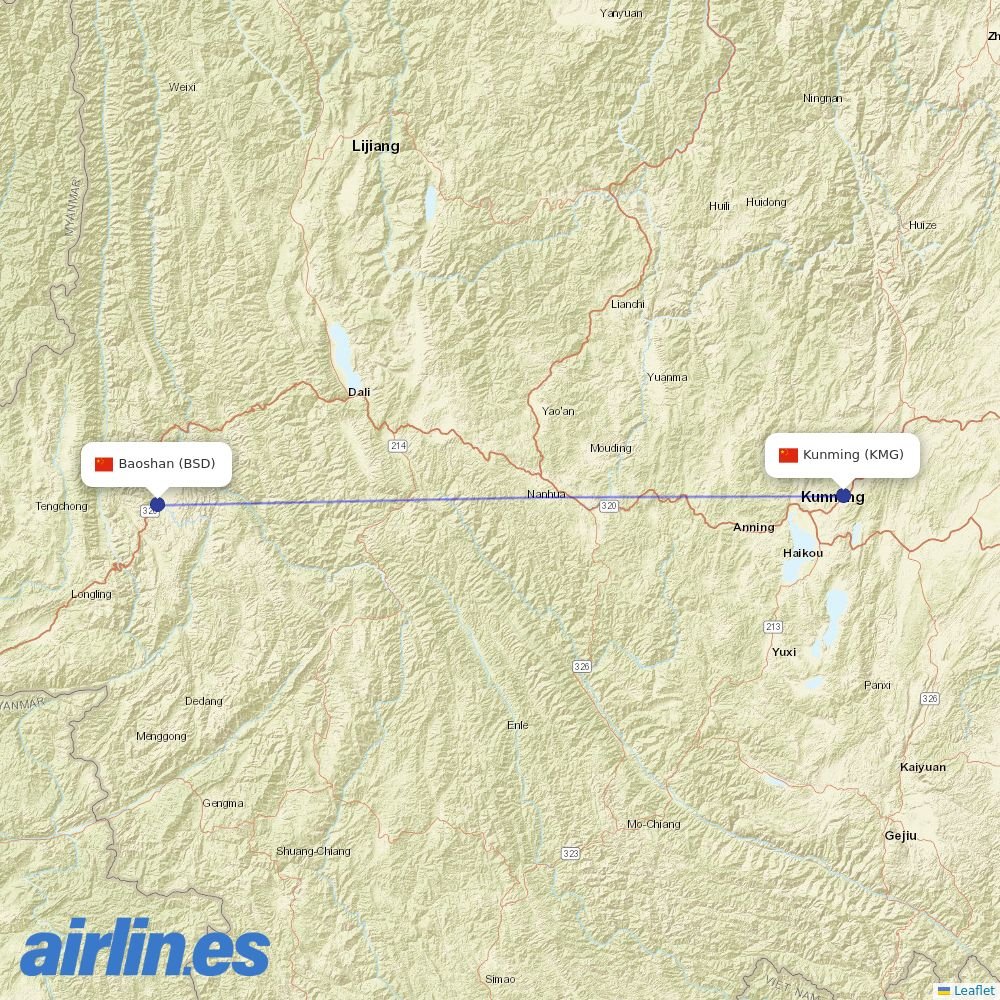 Lucky Air from Baoshan destination map