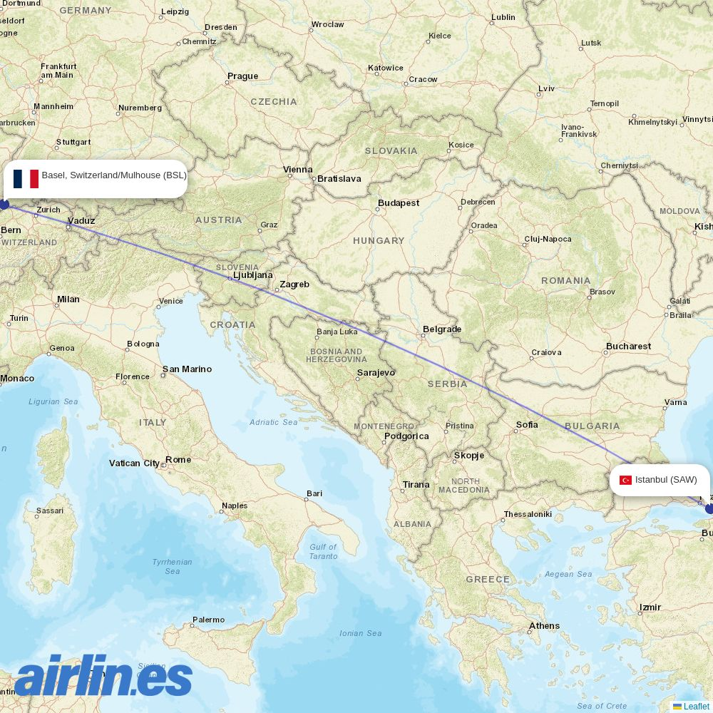AJet from EuroAirport Basel Mulhouse Freiburg destination map