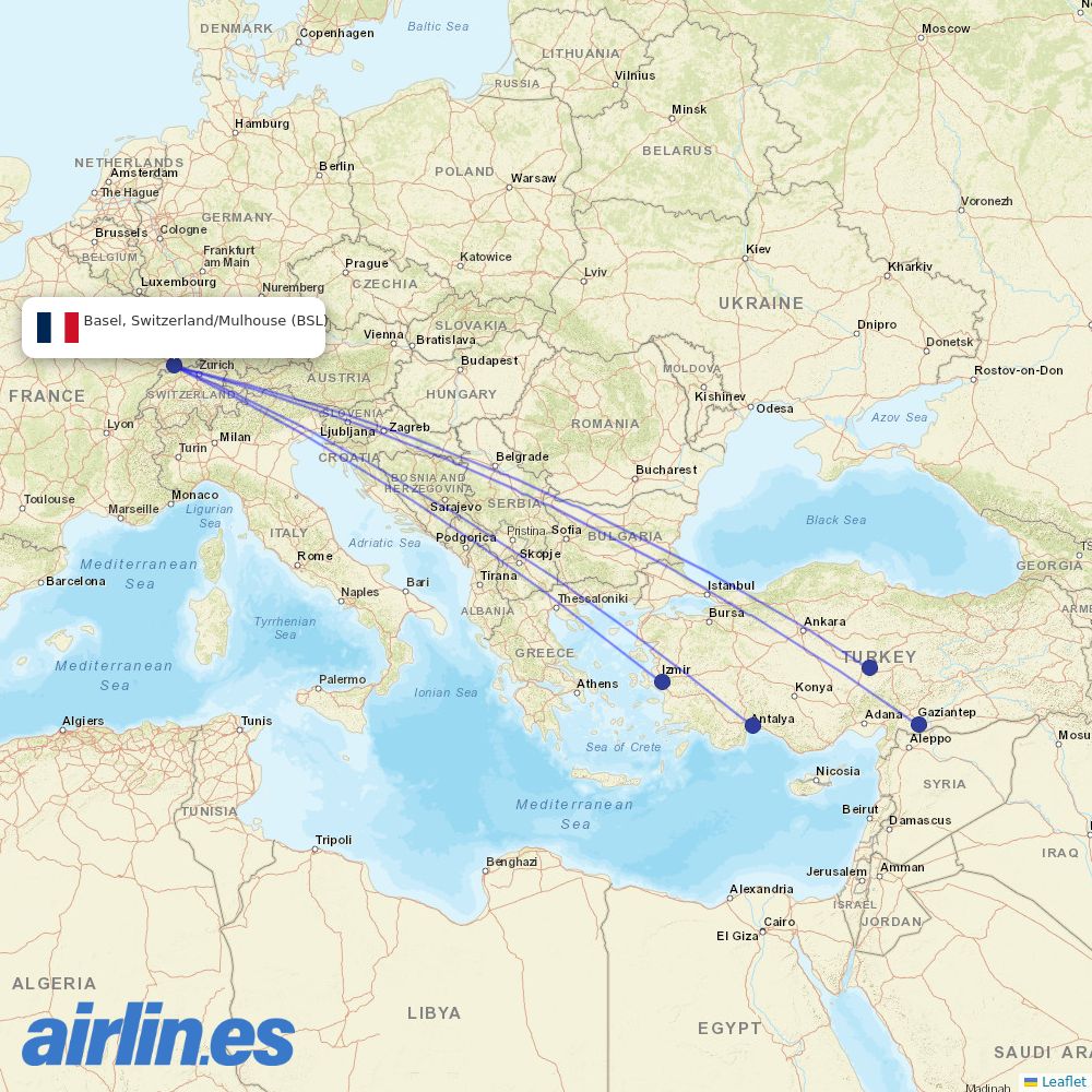 SunExpress from EuroAirport Basel Mulhouse Freiburg destination map