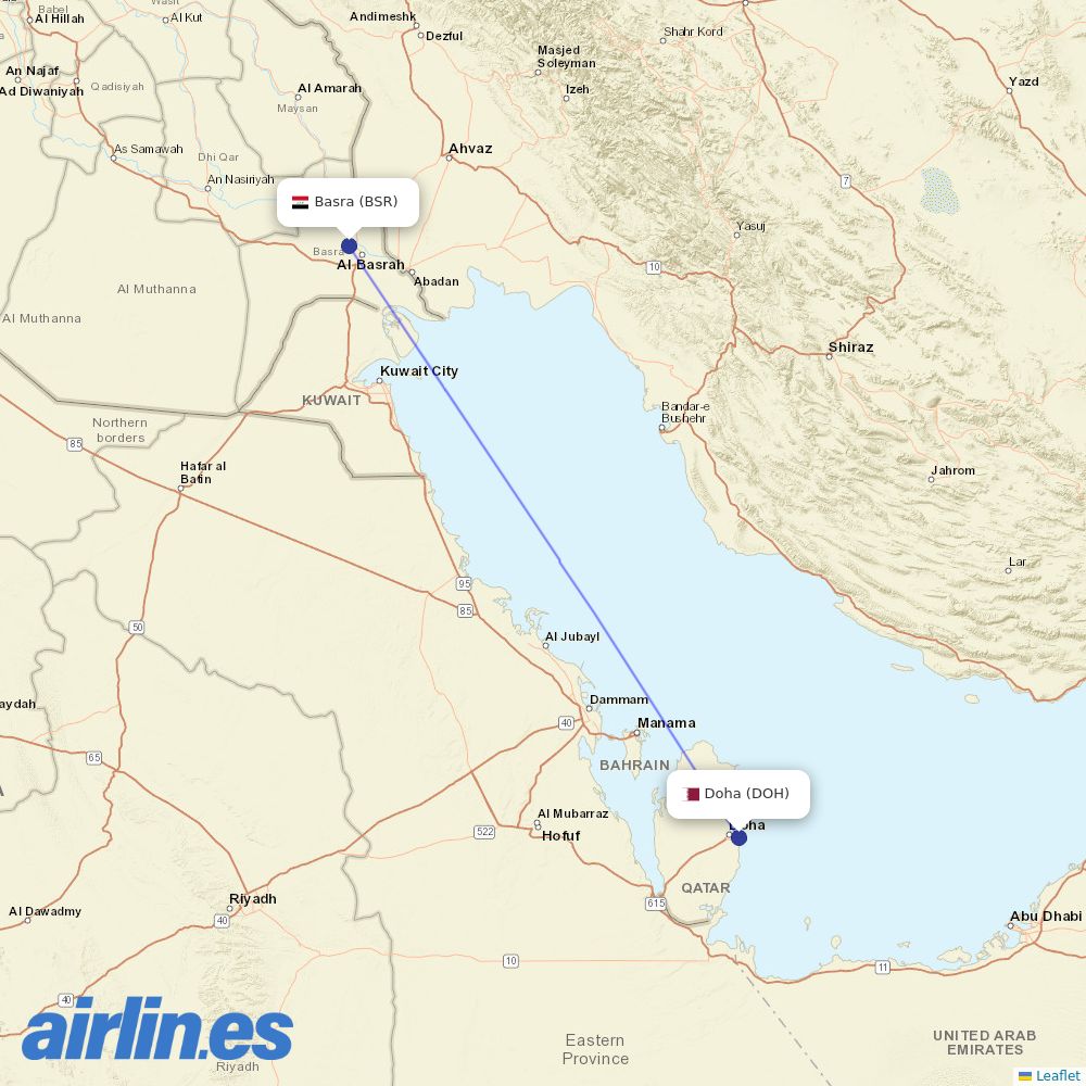 Qatar Airways from Basrah International destination map