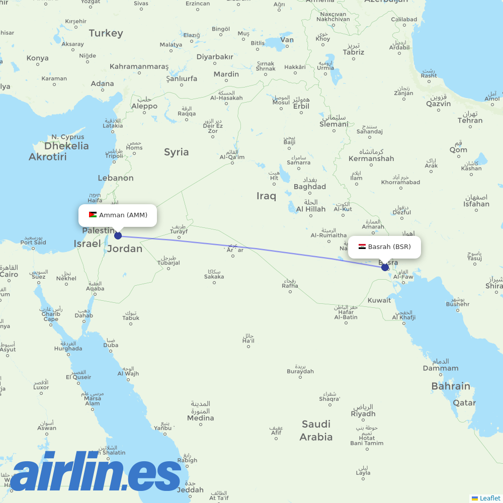 Royal Jordanian from Basrah International destination map