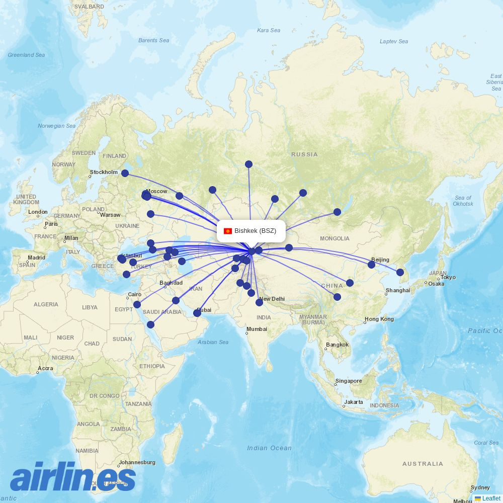 Air Astana from Manas International Airport destination map