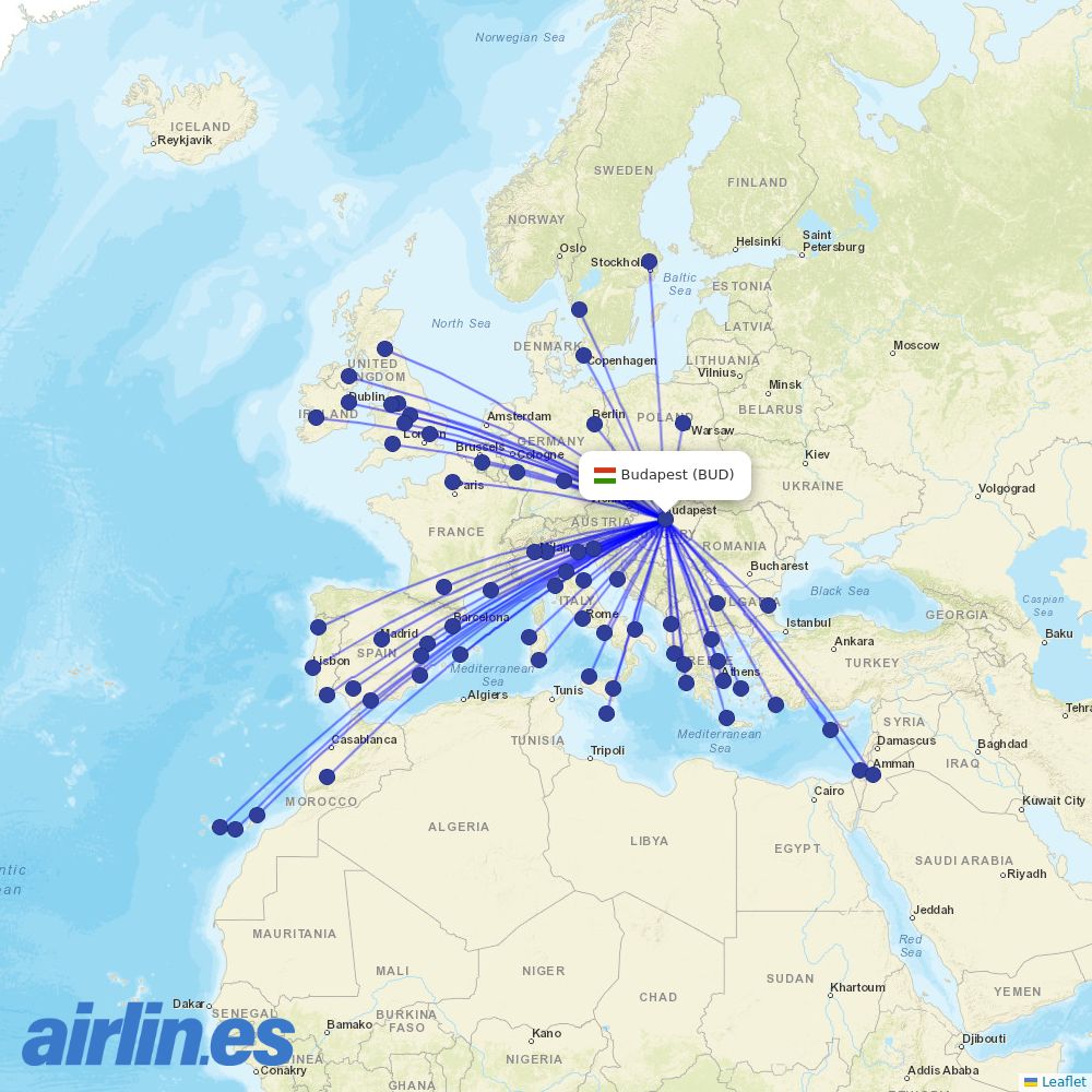 Ryanair from Budapest Ferenc Liszt International Airport destination map