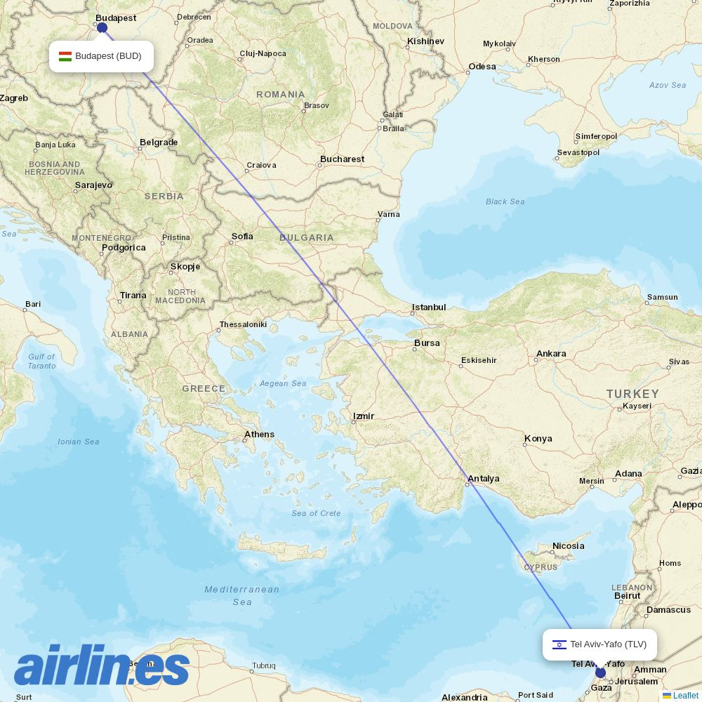 Arkia Israeli Airlines from Budapest Ferenc Liszt International Airport destination map