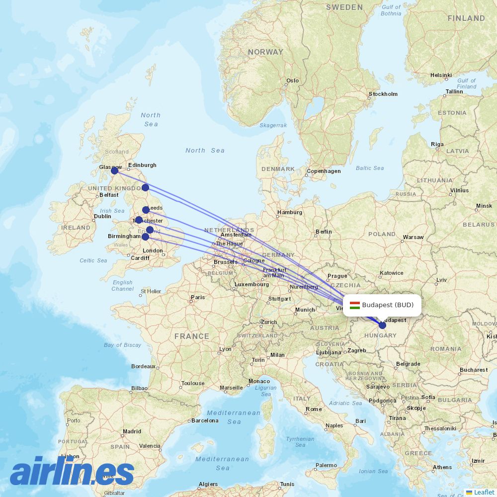 Jet2 from Budapest Ferenc Liszt International Airport destination map