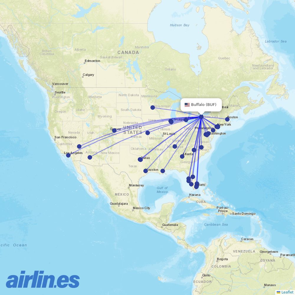 American Airlines from Buffalo Niagara International destination map