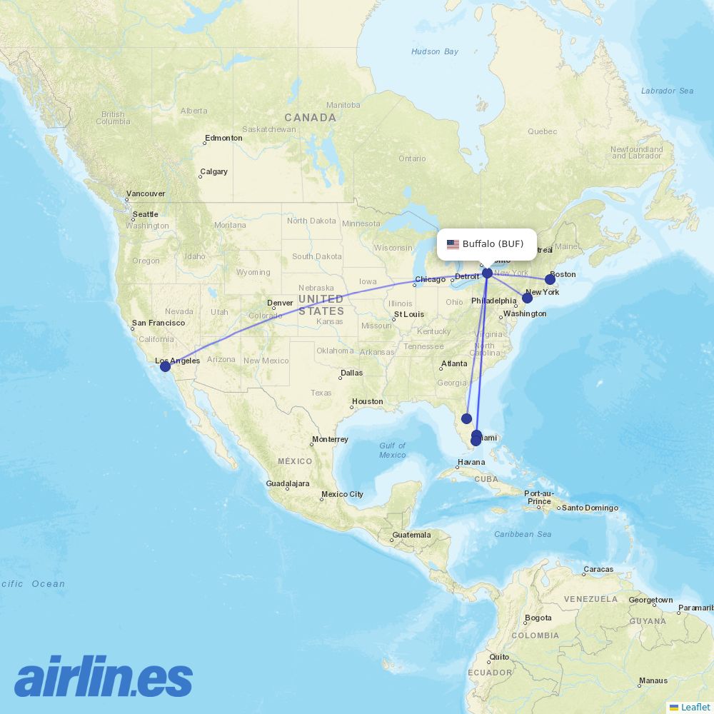 JetBlue Airways from Buffalo Niagara International destination map