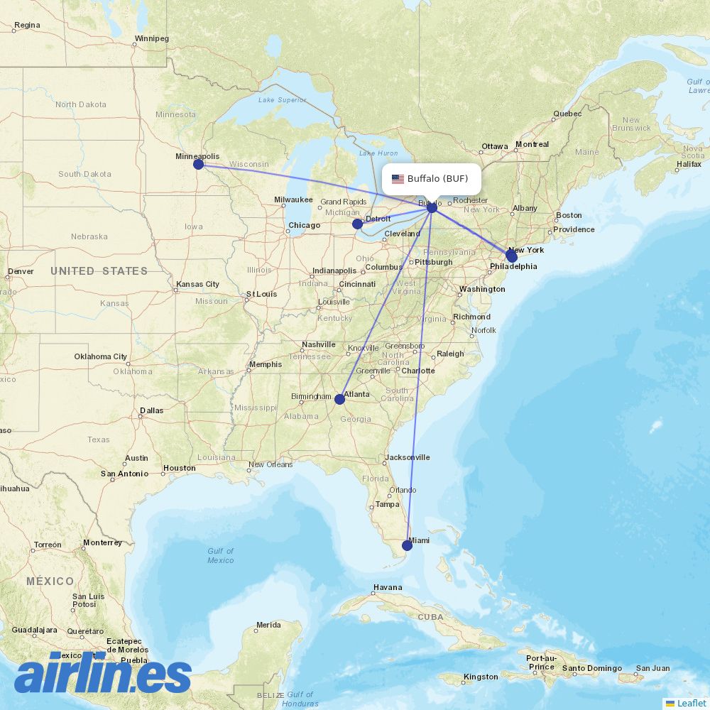 Delta Air Lines from Buffalo Niagara International destination map