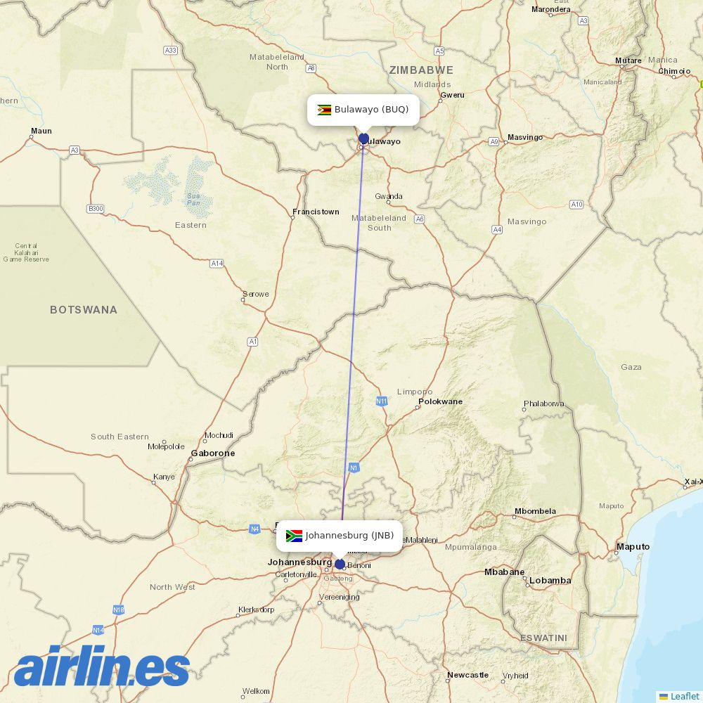 Airlink from Joshua Mqabuko Nkomo International destination map