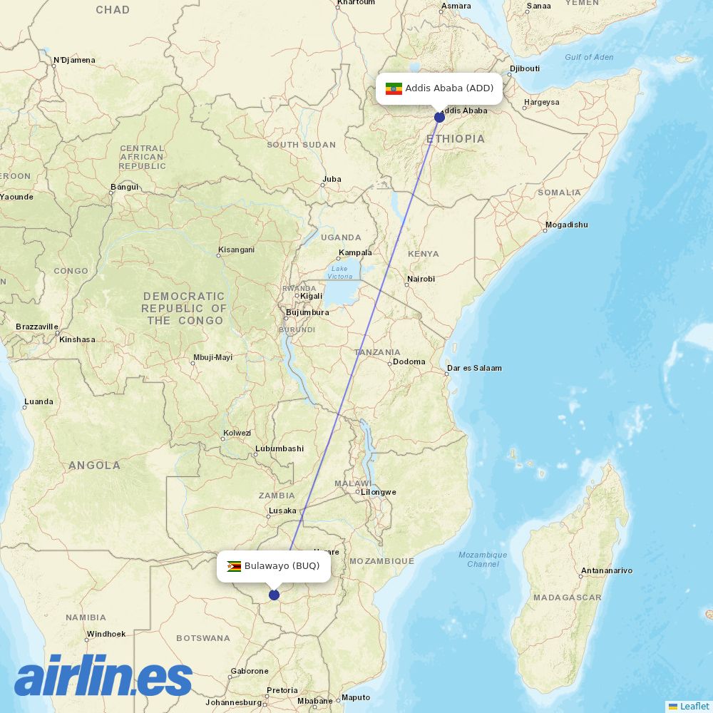 Ethiopian Airlines from Joshua Mqabuko Nkomo International destination map
