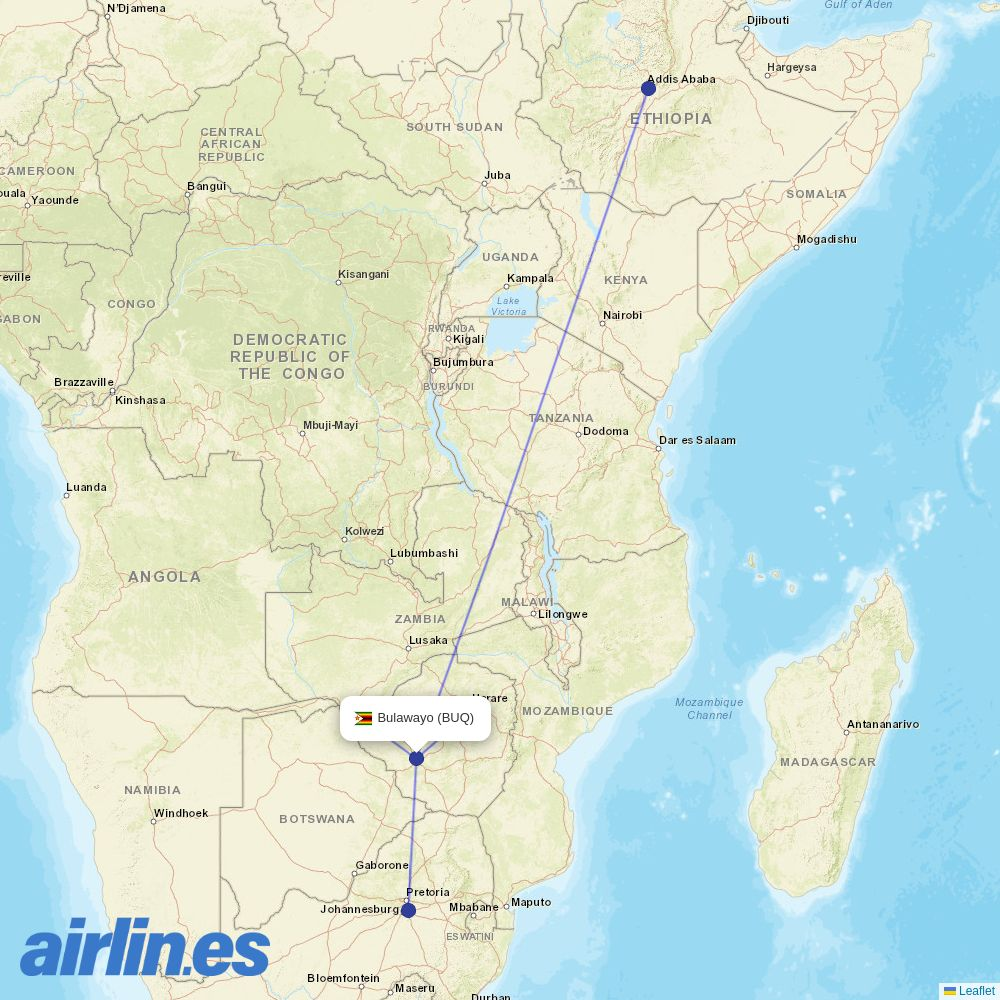 Air Zimbabwe from Joshua Mqabuko Nkomo International destination map