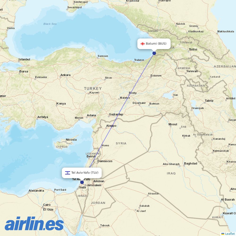 Arkia Israeli Airlines from Batumi destination map