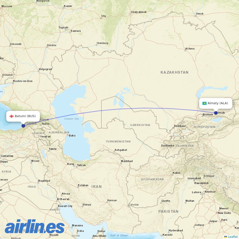Air Astana from Batumi destination map