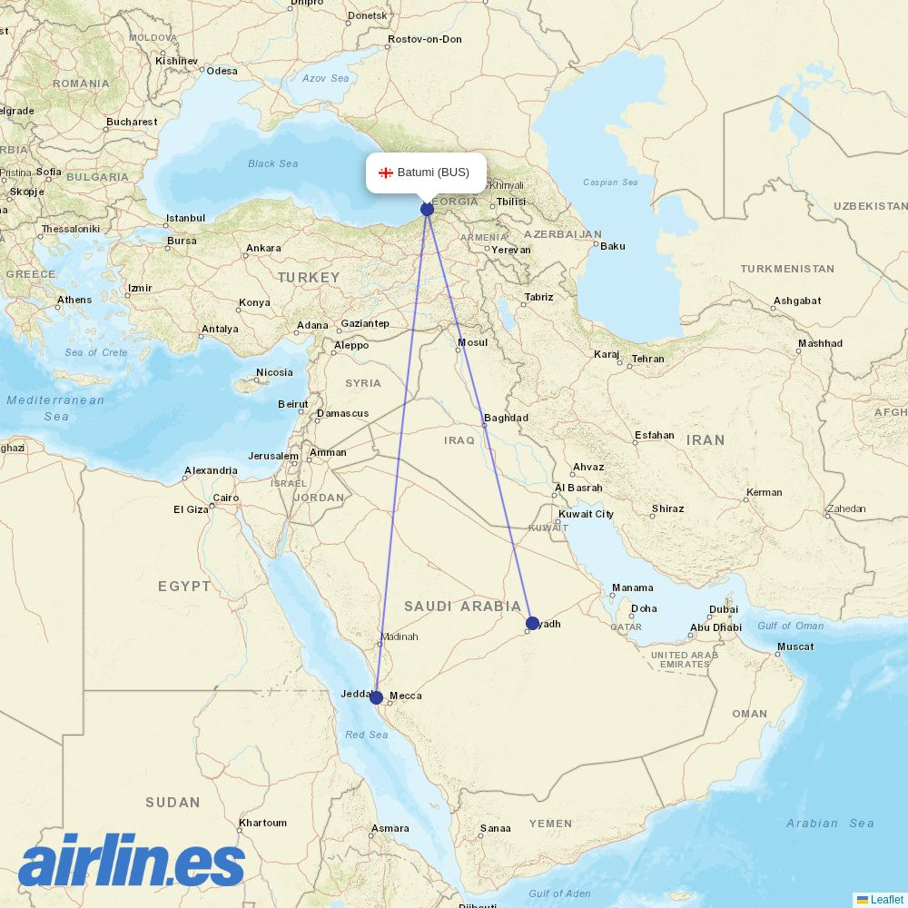 Flynas from Batumi destination map
