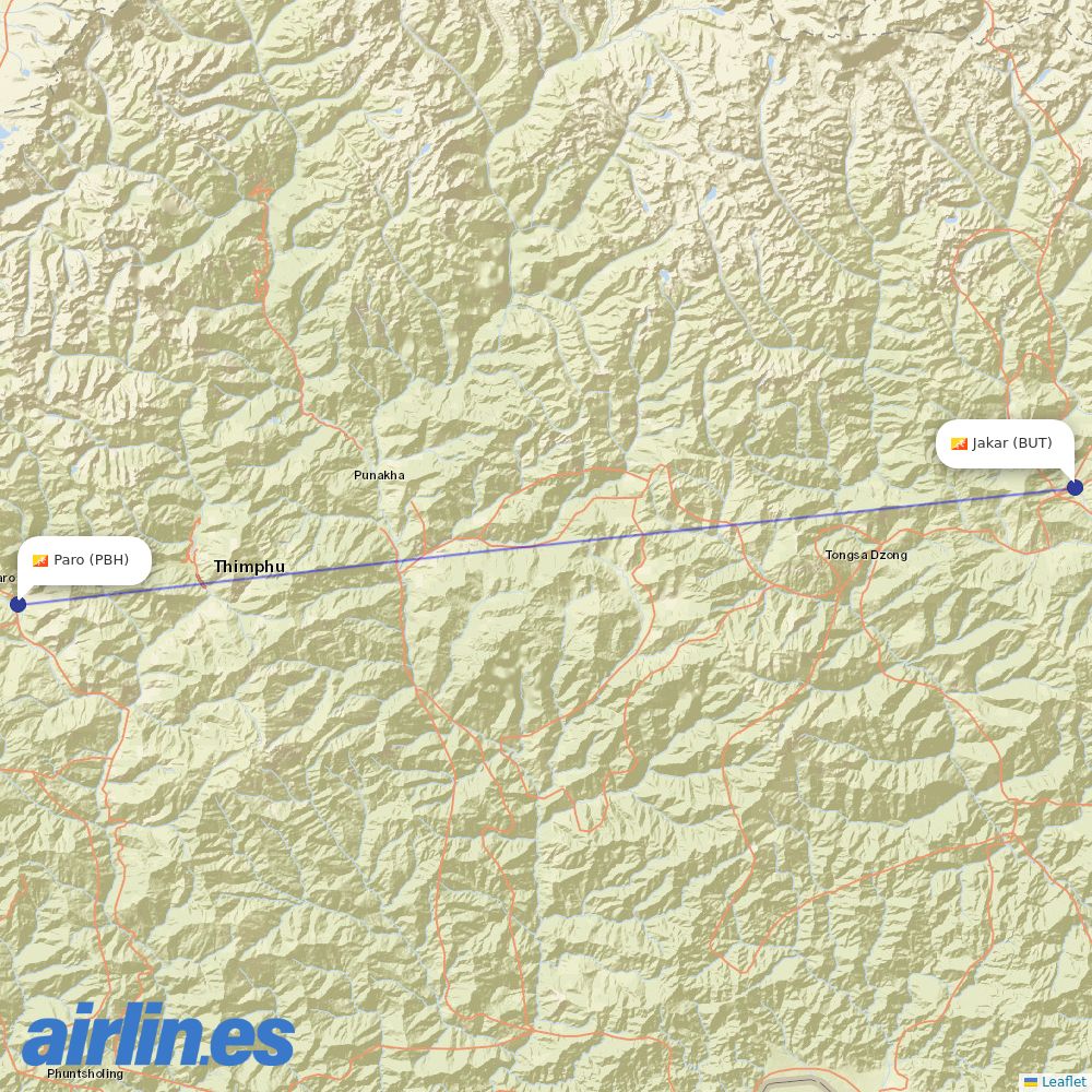 Drukair at BUT route map