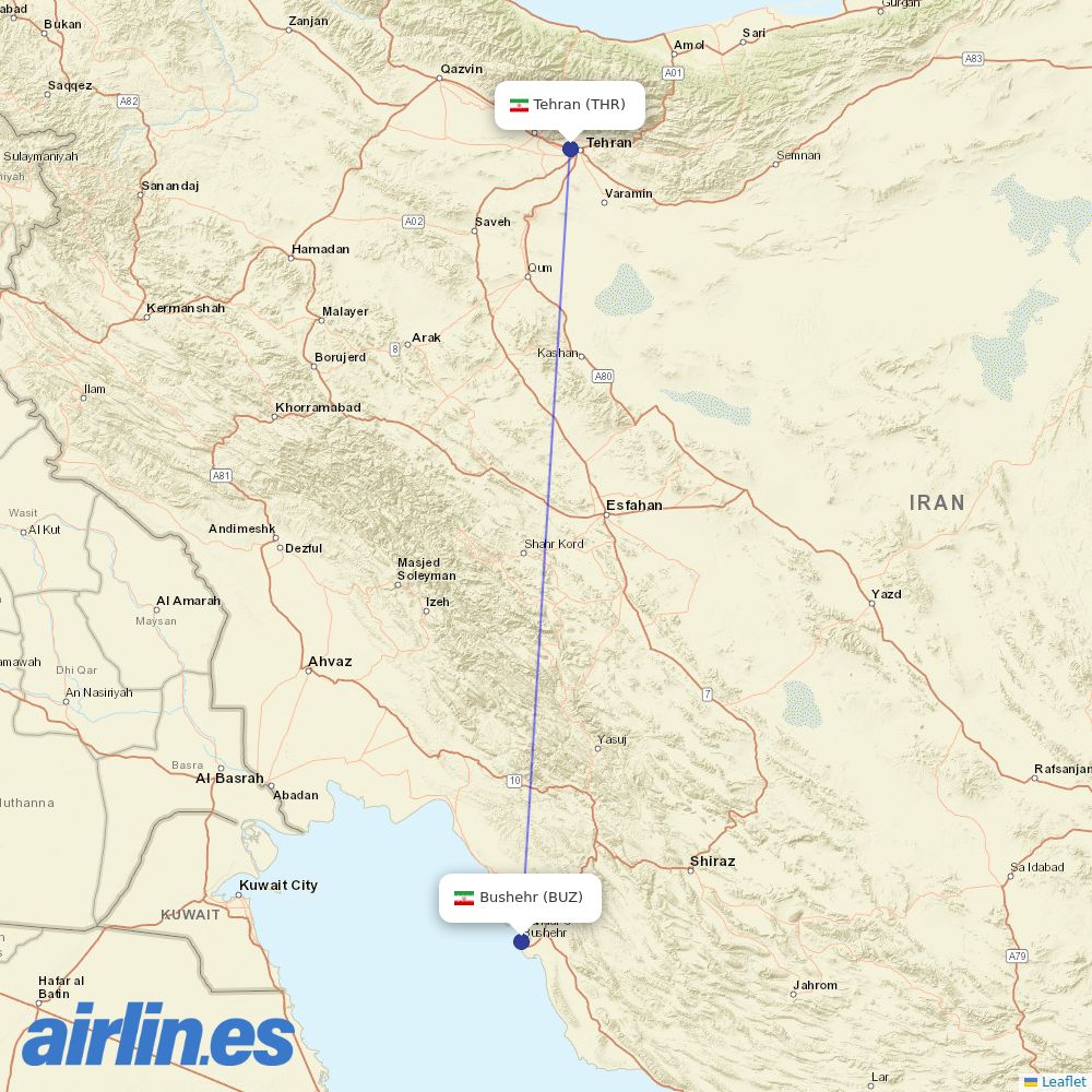Qeshm Air from Bushehr destination map