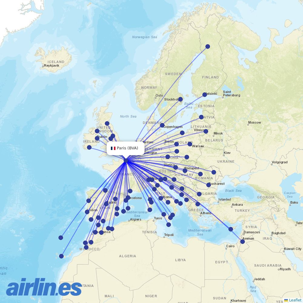 Ryanair from Beauvais–Tillé Airport destination map