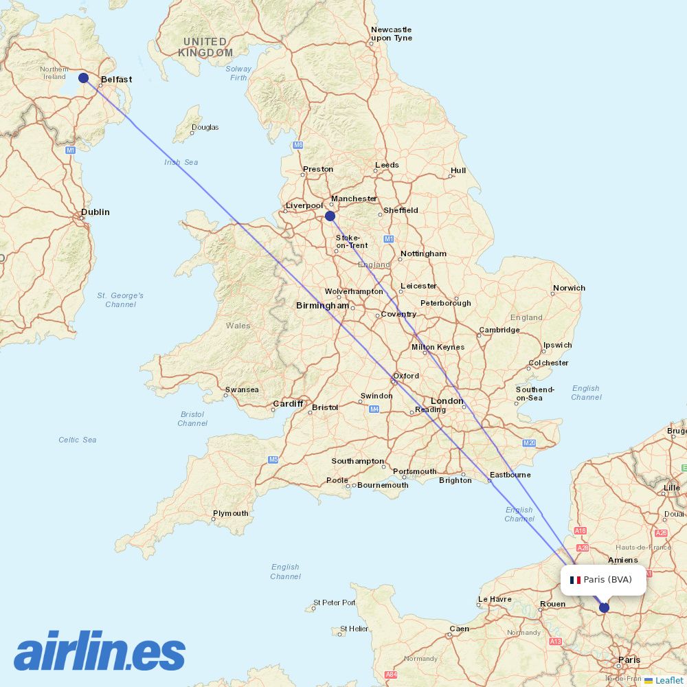 Ryanair UK from Beauvais–Tillé Airport destination map