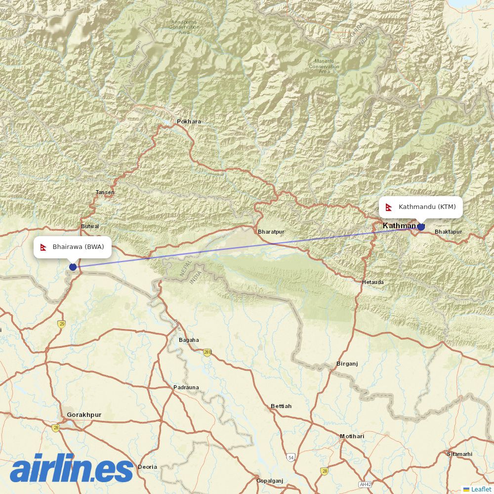 Yeti Airlines from Bhairahawa destination map