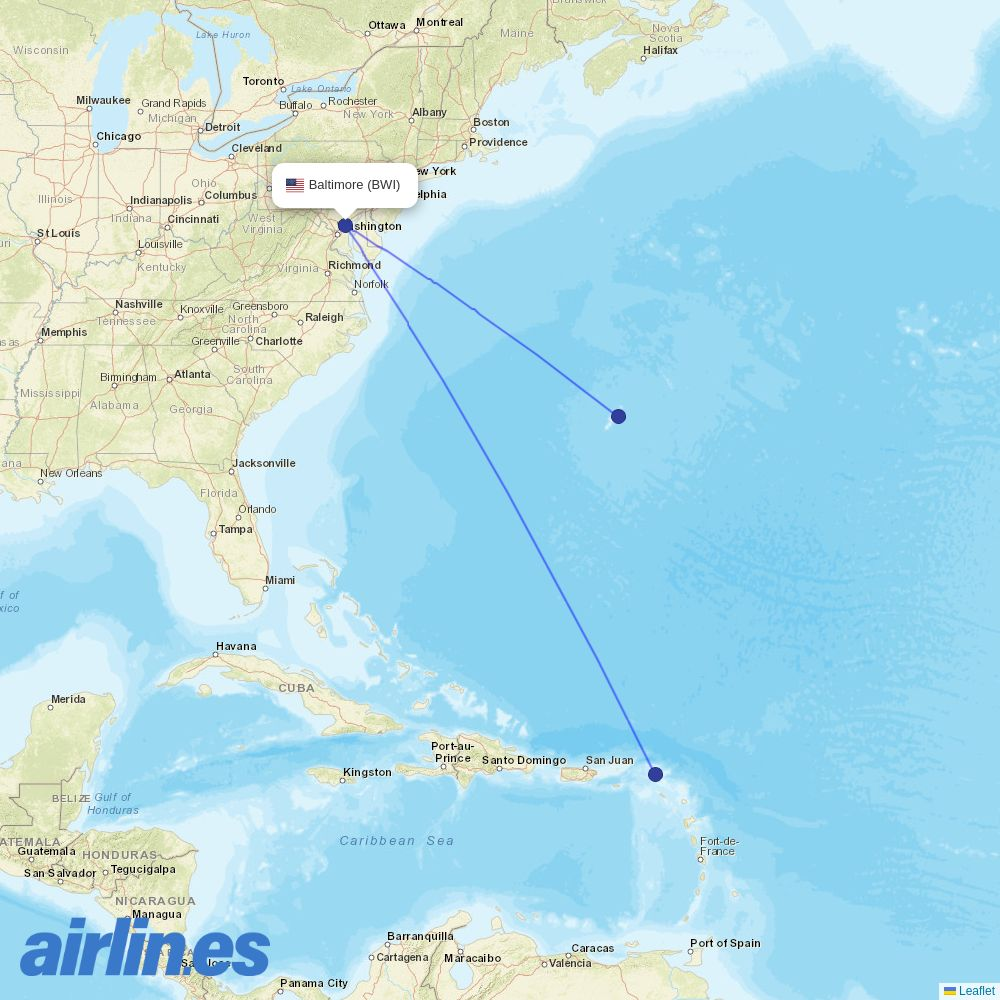 BermudAir at BWI route map