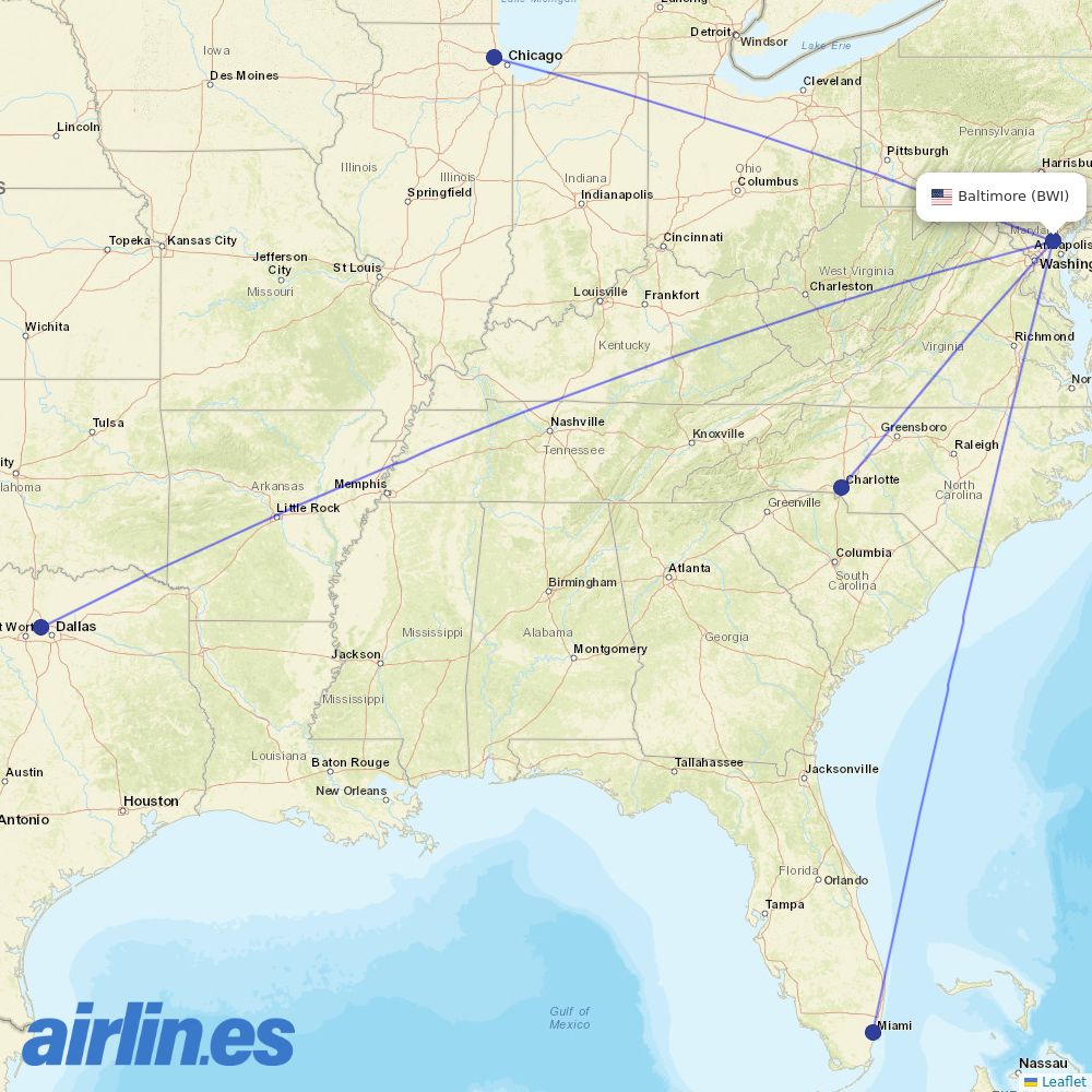 American Airlines from Baltimore Washington International destination map