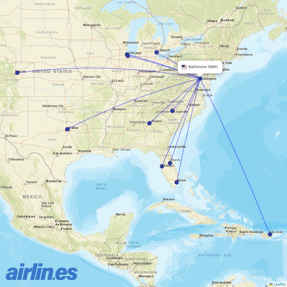Frontier Airlines from Baltimore Washington International destination map