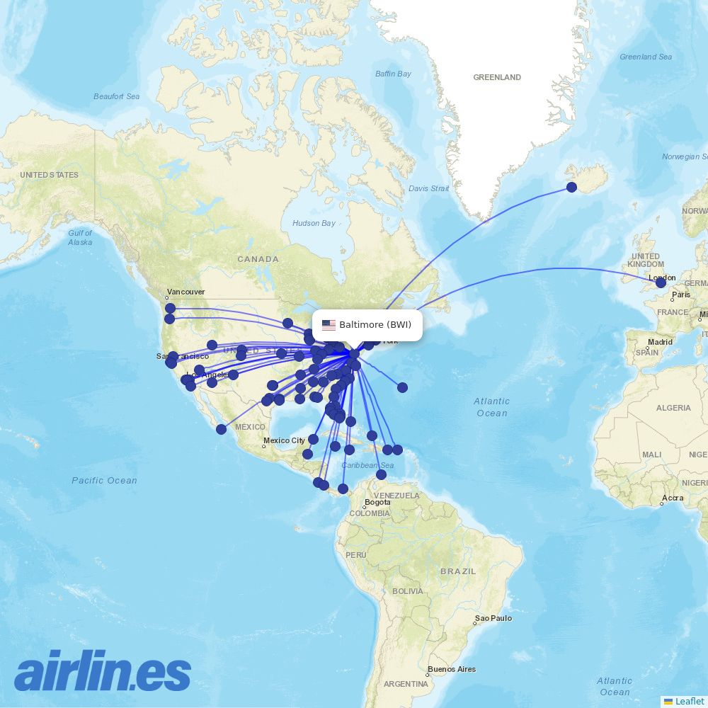 United Airlines from Baltimore Washington International destination map