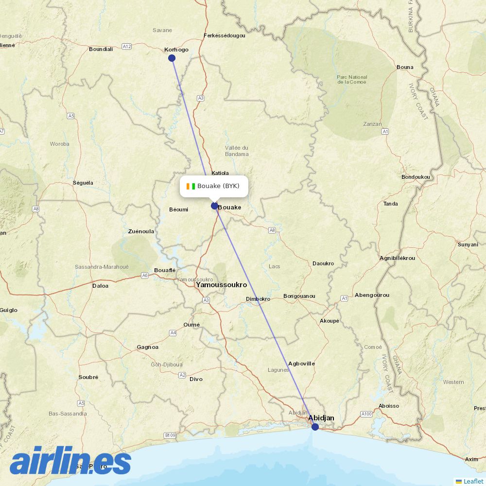 Air Cote DIvoire from Bouake destination map
