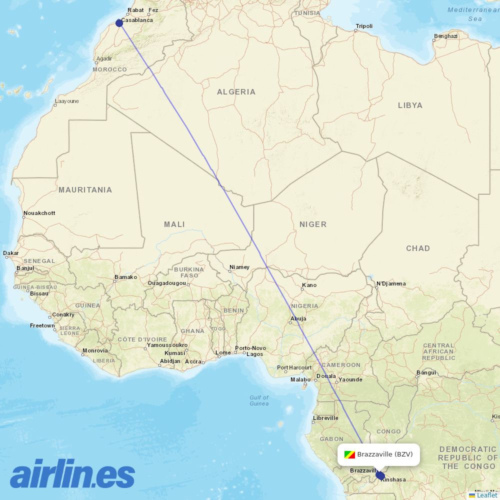 Royal Air Maroc from Brazzaville Maya Maya destination map