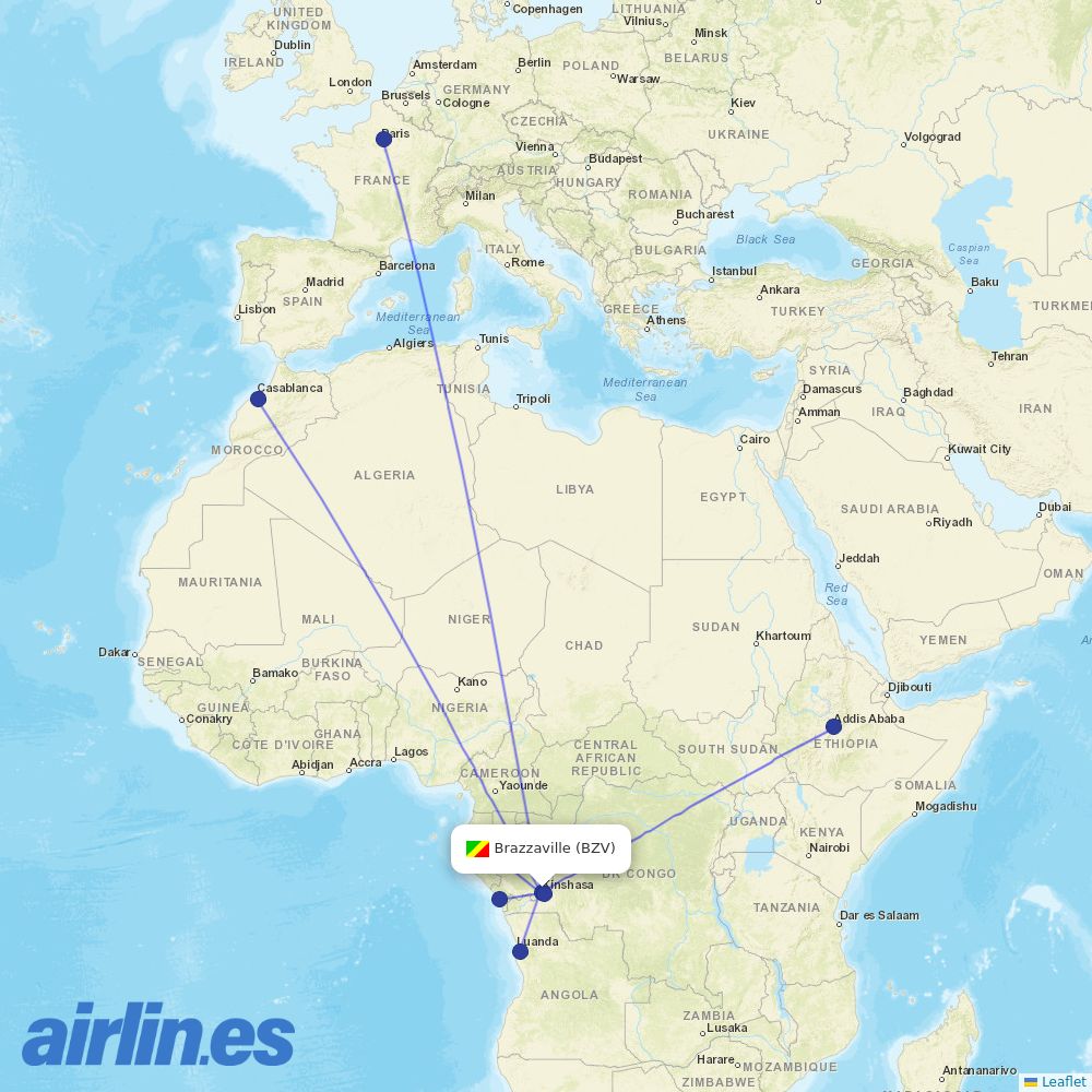 Ethiopian Airlines from Brazzaville Maya Maya destination map