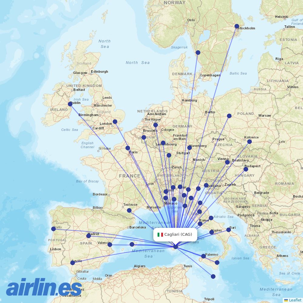 Ryanair from Cagliari Elmas Airport destination map