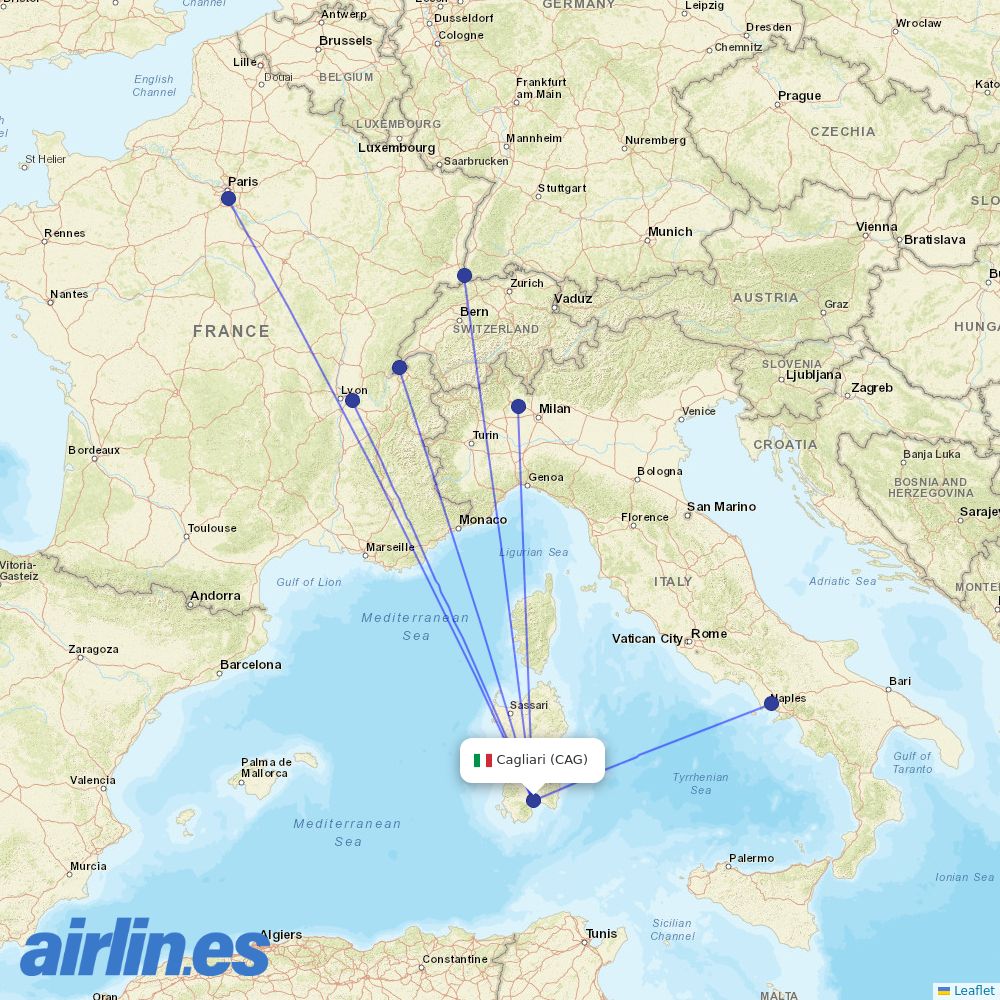 easyJet from Cagliari Elmas Airport destination map
