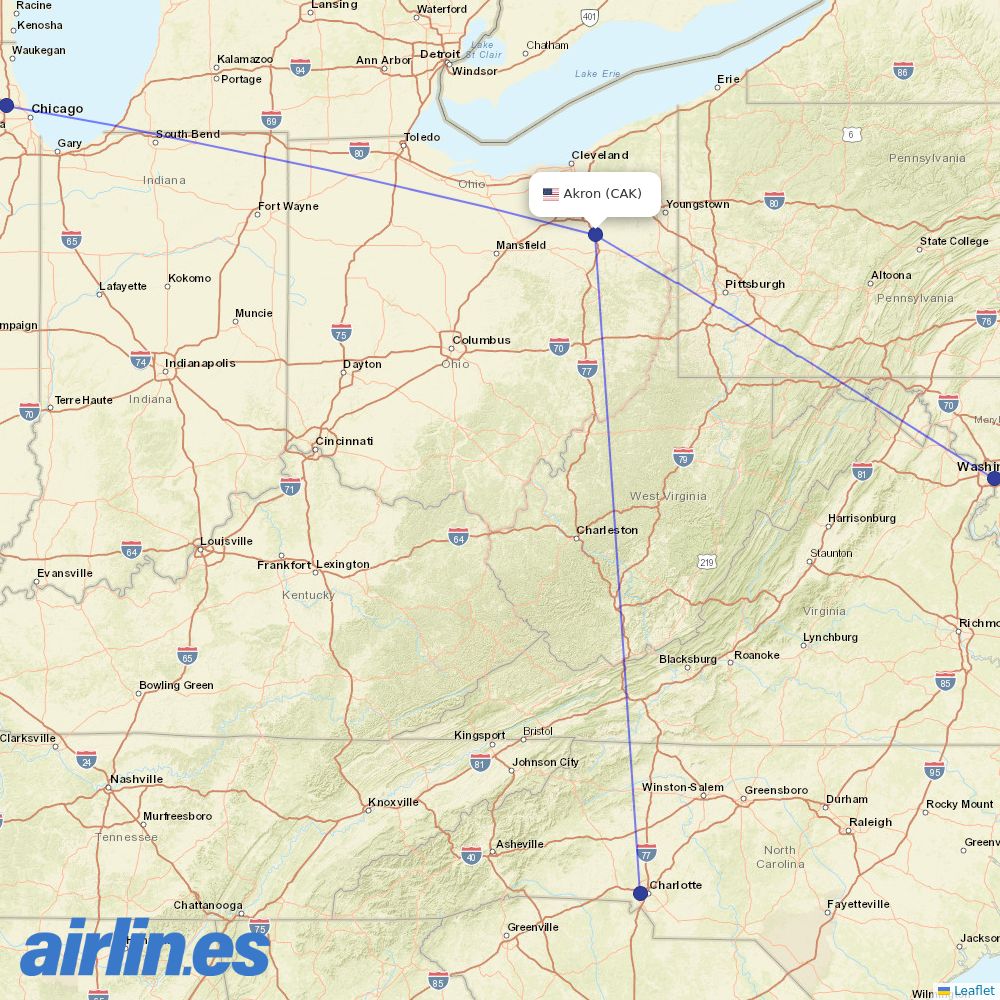 American Airlines from Akron Canton Regional Airport destination map