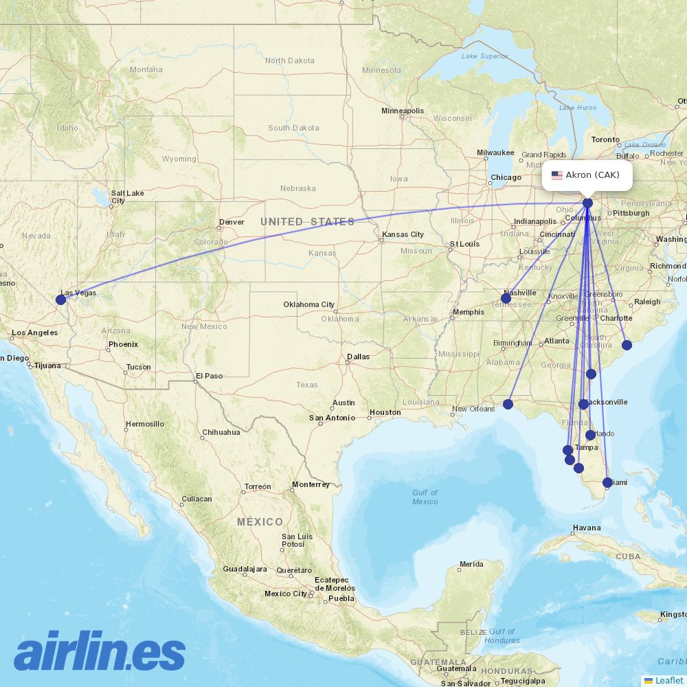 Allegiant Air from Akron Canton Regional Airport destination map