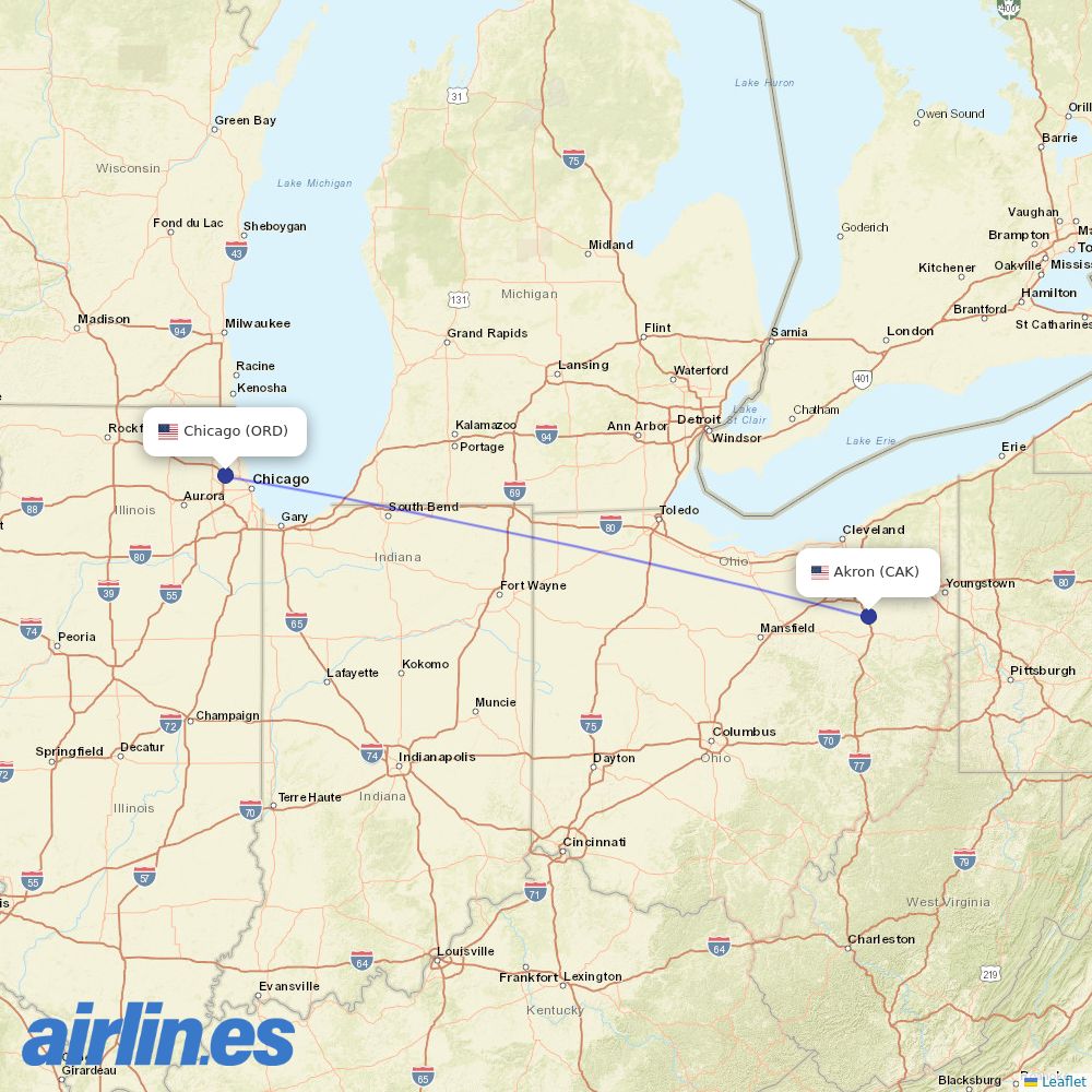 United Airlines from Akron Canton Regional Airport destination map