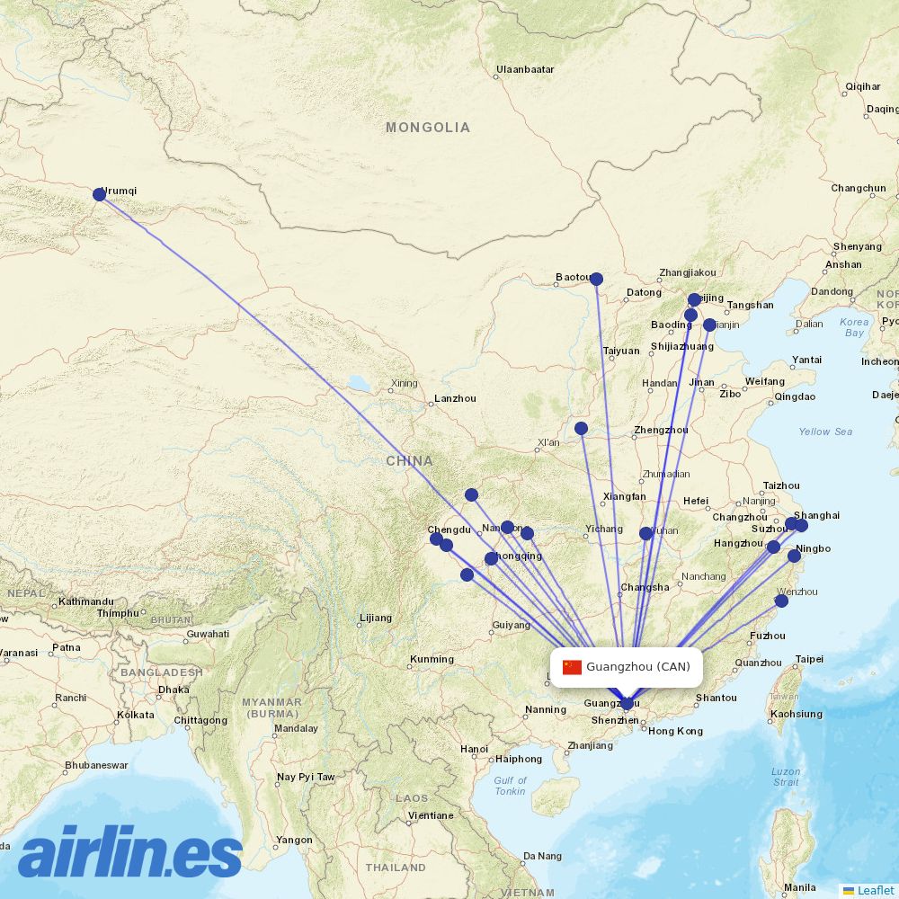 Air China from Guangzhou Baiyun International Airport destination map