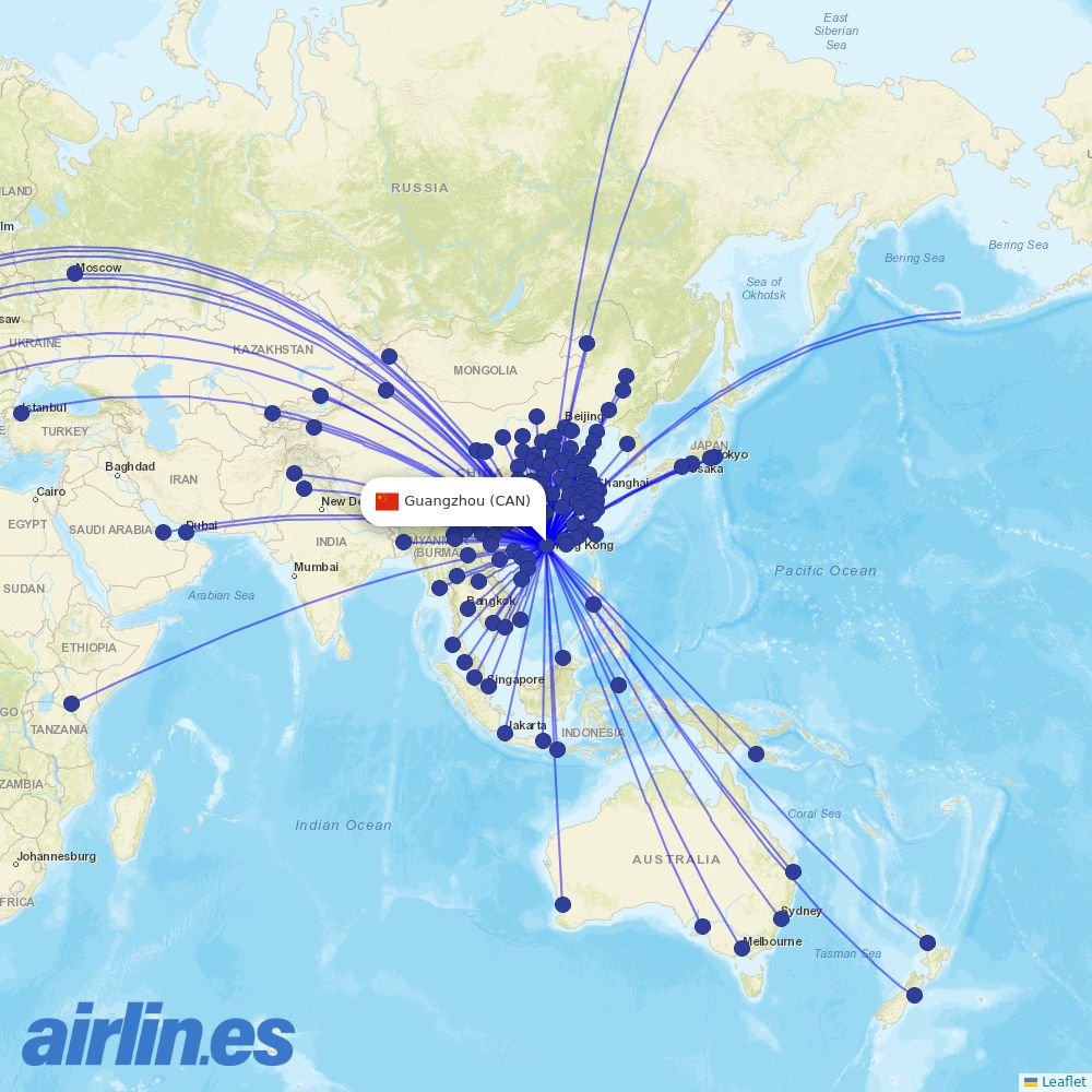 China Southern Airlines from Guangzhou Baiyun International Airport destination map