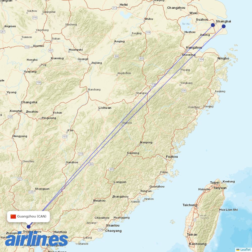 Juneyao Airlines at CAN route map