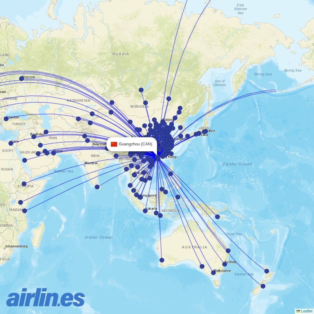 Air Cambodia from Guangzhou Baiyun International Airport destination map