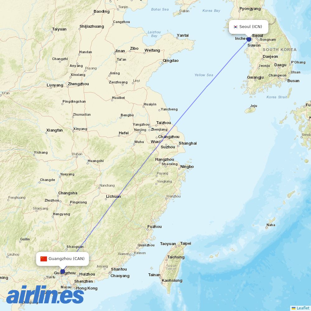 Asiana Airlines from Guangzhou Baiyun International Airport destination map