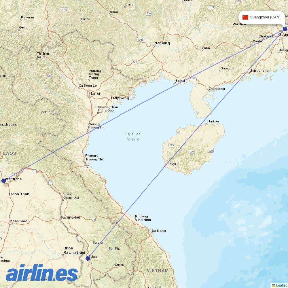 Lao Airlines from Guangzhou Baiyun International Airport destination map