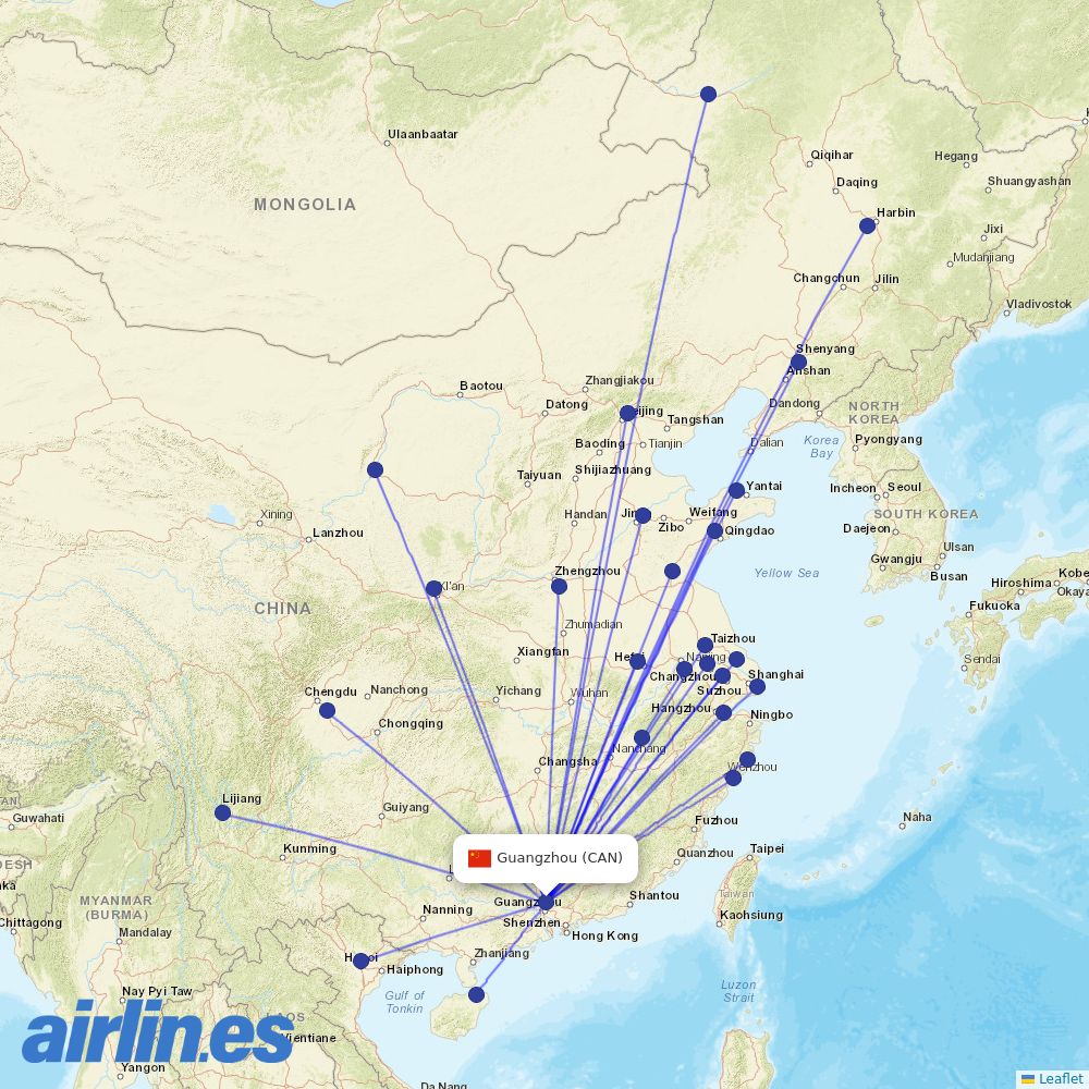 Shenzhen Airlines from Guangzhou Baiyun International Airport destination map
