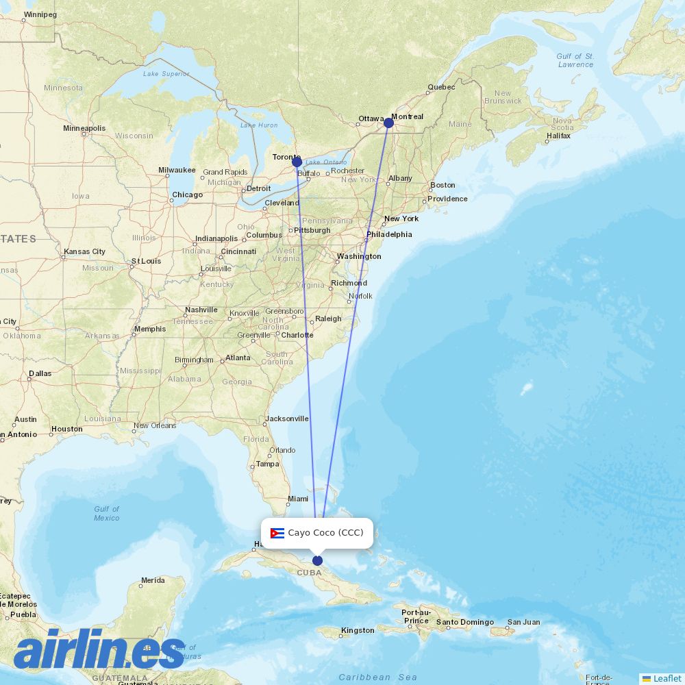 Air Canada from Jardines del Rey Airport destination map