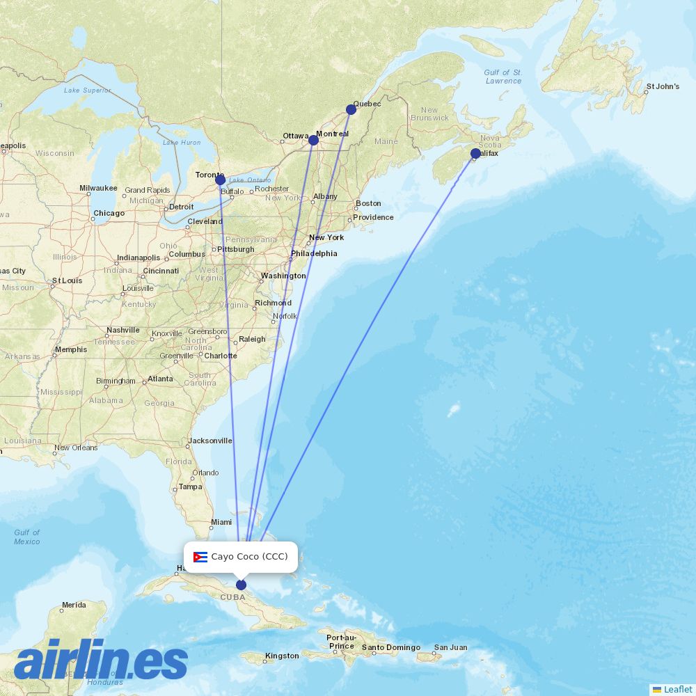Air Transat from Jardines del Rey Airport destination map