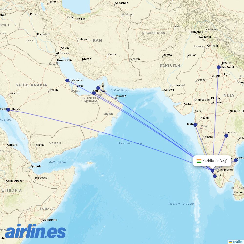 IndiGo from Calicut destination map