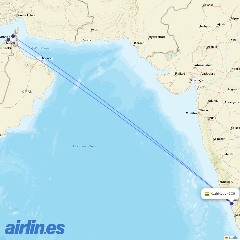 Air Arabia from Calicut destination map