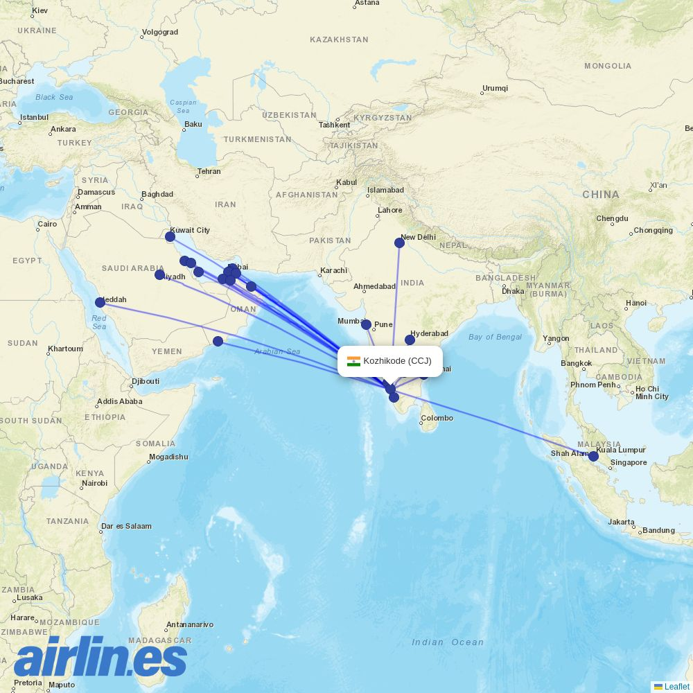 Akasa Air from Calicut destination map